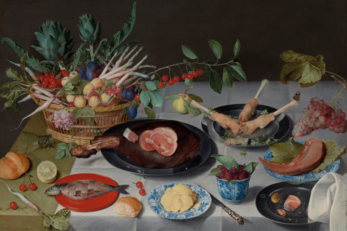 Jacob van Hulsdonck, <em>Still Life with Meat, Fish, Vegetables and Fruit</em>, c. 1615–20. Oil on panel, the reverse prepared with gesso; 71.5 x 104 cm (28 1/8 x 40 15/16 in.). The Cleveland Museum of Art, Gift of Janice Hammond and Edward Hemmelgarn 2018.258