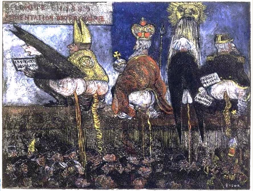 James Ensor, <em>Doctrinal Nourishment</em>, 1889/95, hand-tinted etching.