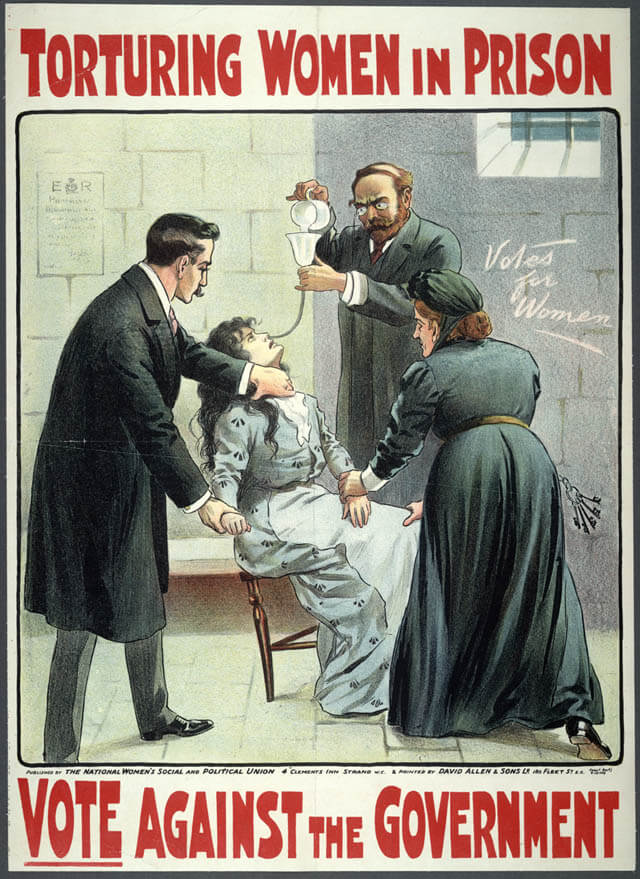 Suffragette propaganda poster against force-feeding in prison, published in 1909.