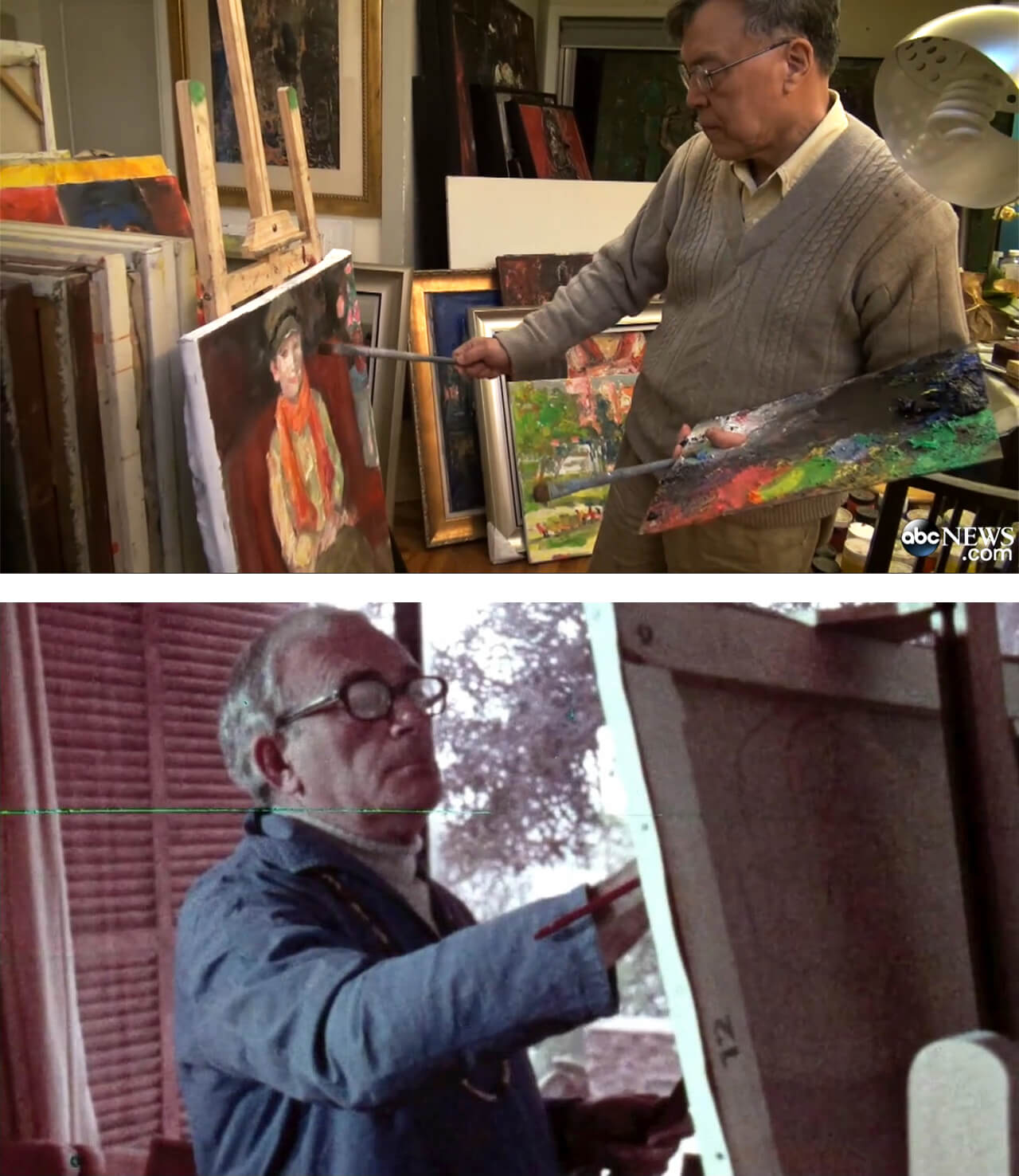 Top: Qian pretending to paint an original artwork. Bottom: Forger Elmyr de Hory painting a pretend original.