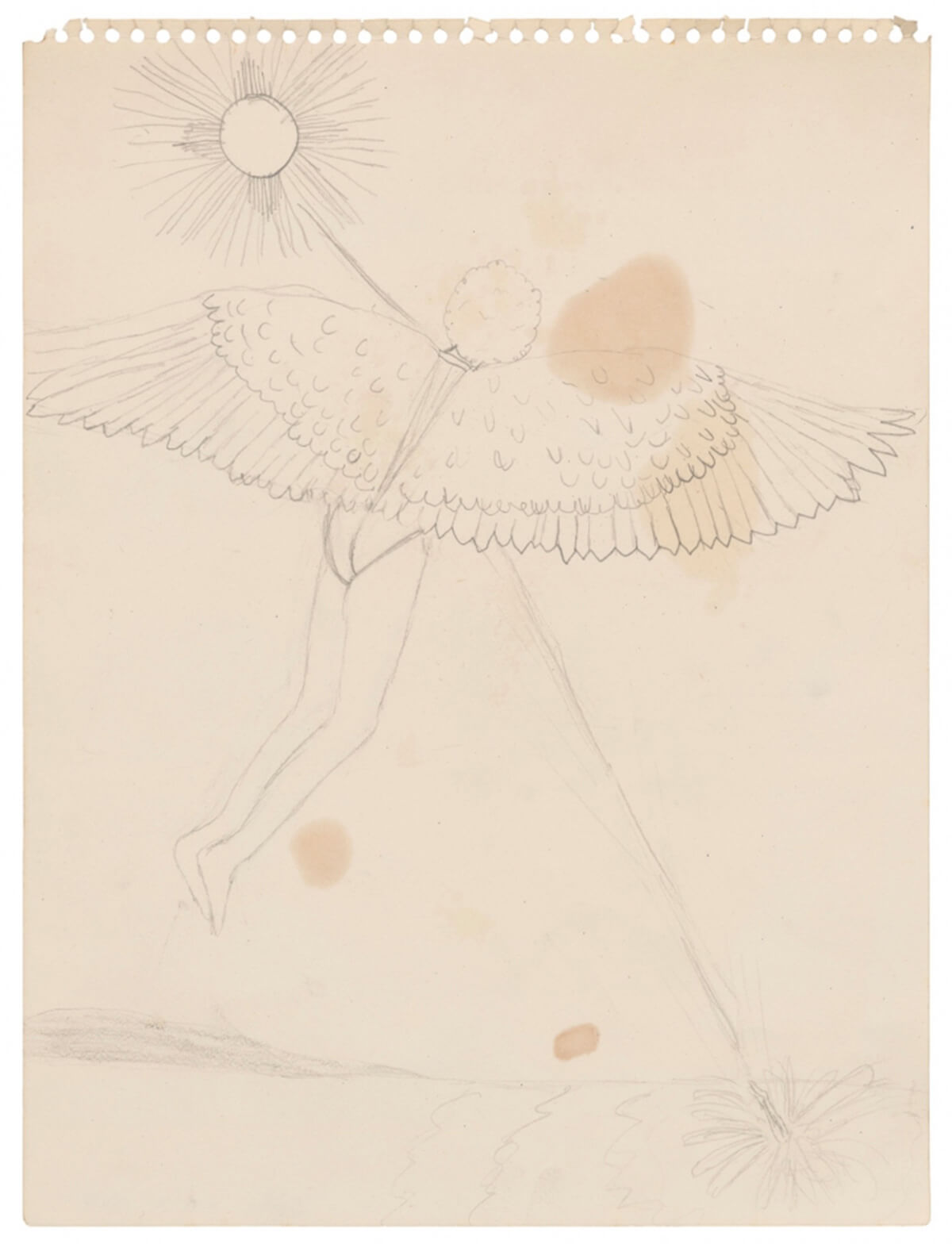 Robert Gober, <em>Icarus</em>, 1967. Graphite on spiral-edged paper, 31 x 23 cm (© Robert Gober, courtesy Matthew Marks Gallery).
