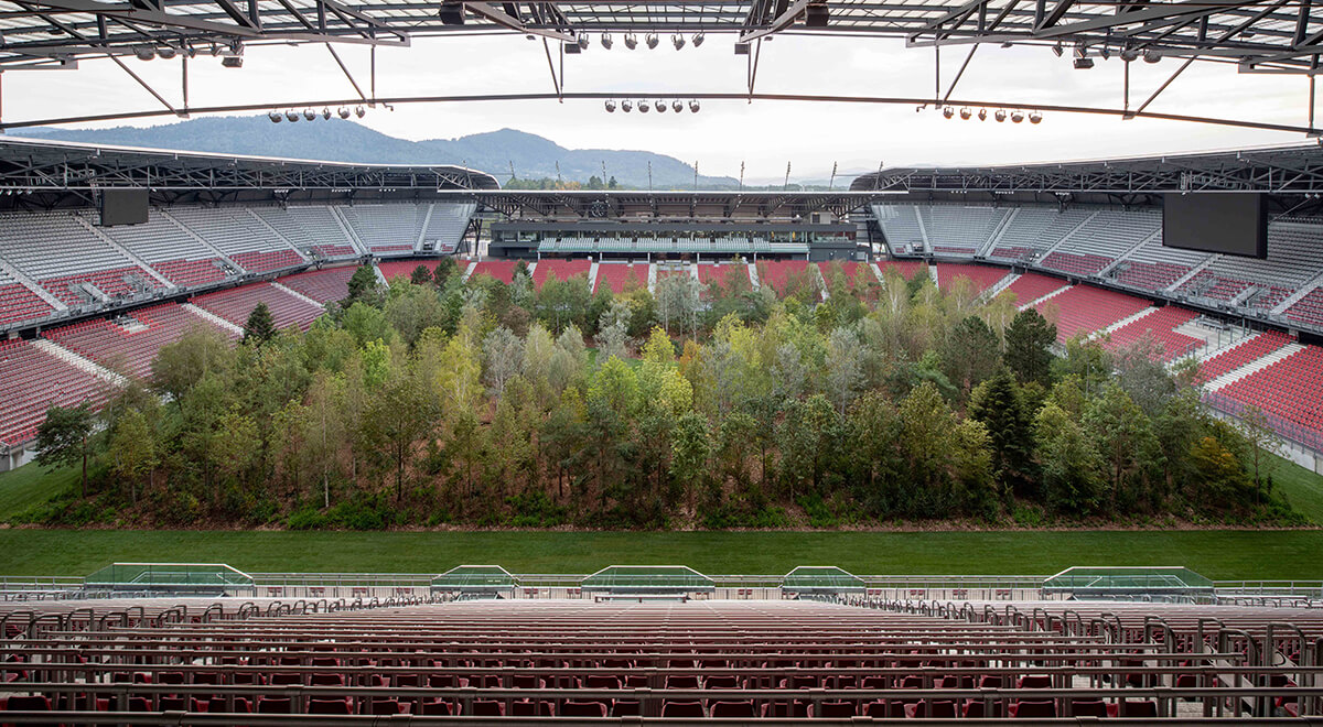 Klaus Littmann, <em>For Forest - The Unending Attraction of Nature</em>, 2019, Wörthersee Stadium Klagenfurt | Austria. Photo: Gerhard Maurer.