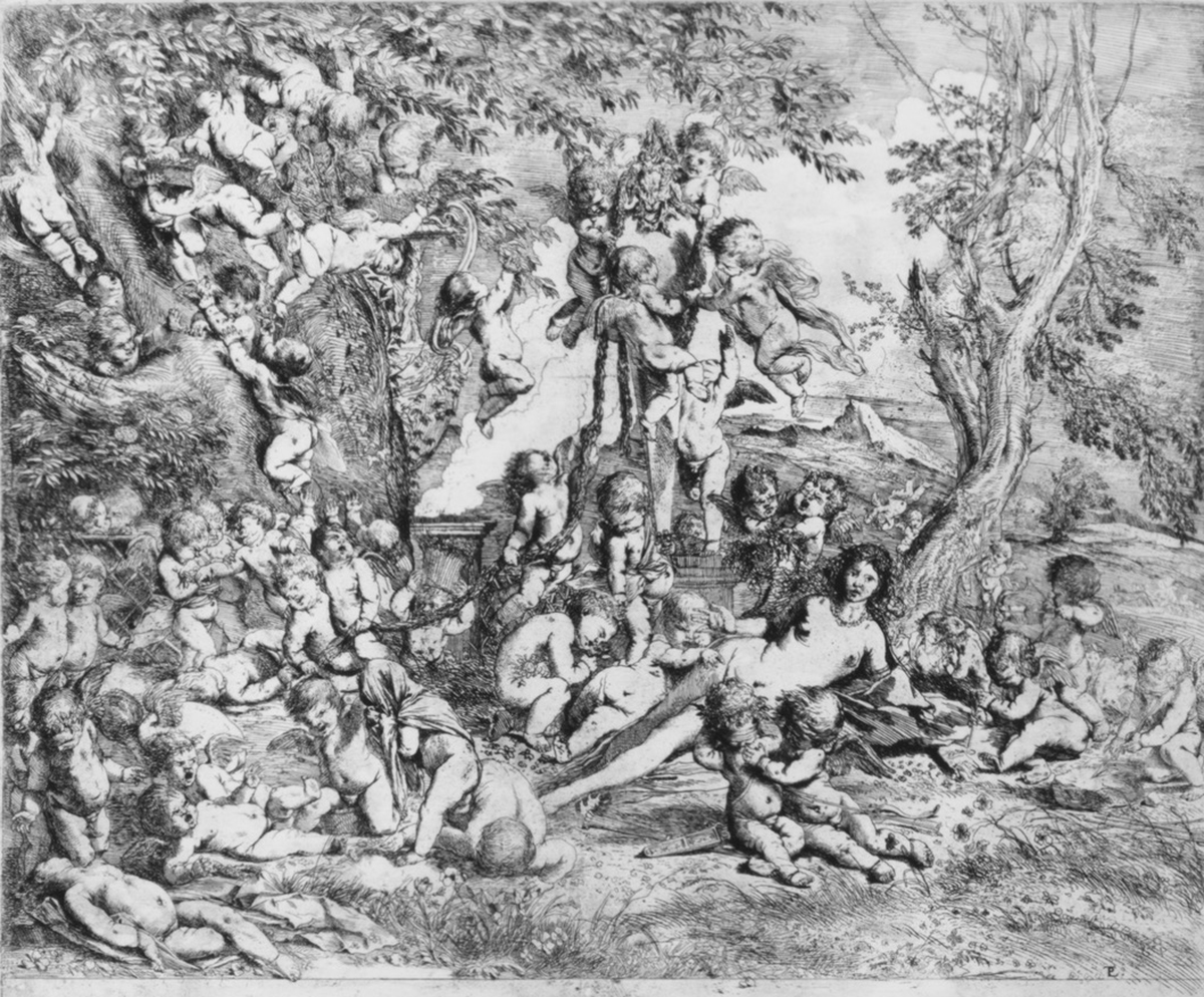 Pietro Testa, <em>The Garden of Venus who reclines in the centre before a term of Pan and surrounded by cupids</em>, ca. 1631–37, Etching. 13 3/4 x 16 11/16 in. Courtesy of the Metropolitan Museum of Art.