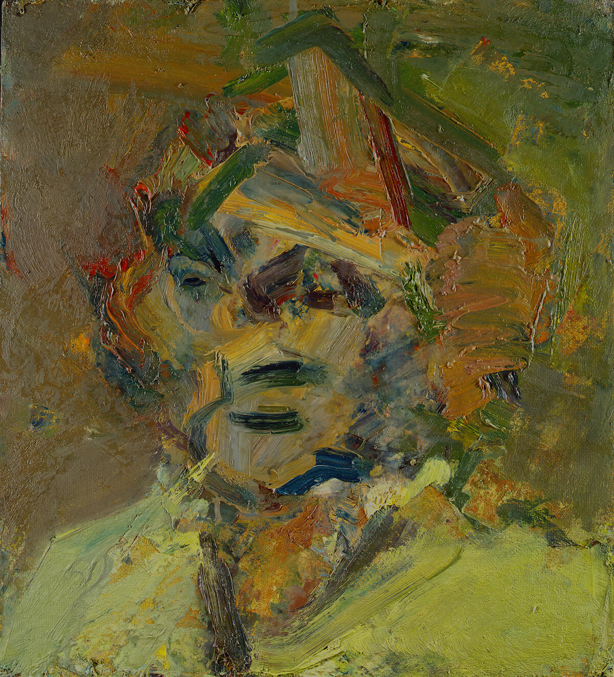 Frank Auerbach, <em>Head of Gerda Boehm</em>, 1979-80. Oil on board, 22 x 20 in (55.9 x 50.8 cm). Private collection. © Frank Auerbach, courtesy Marlborough Fine Art.