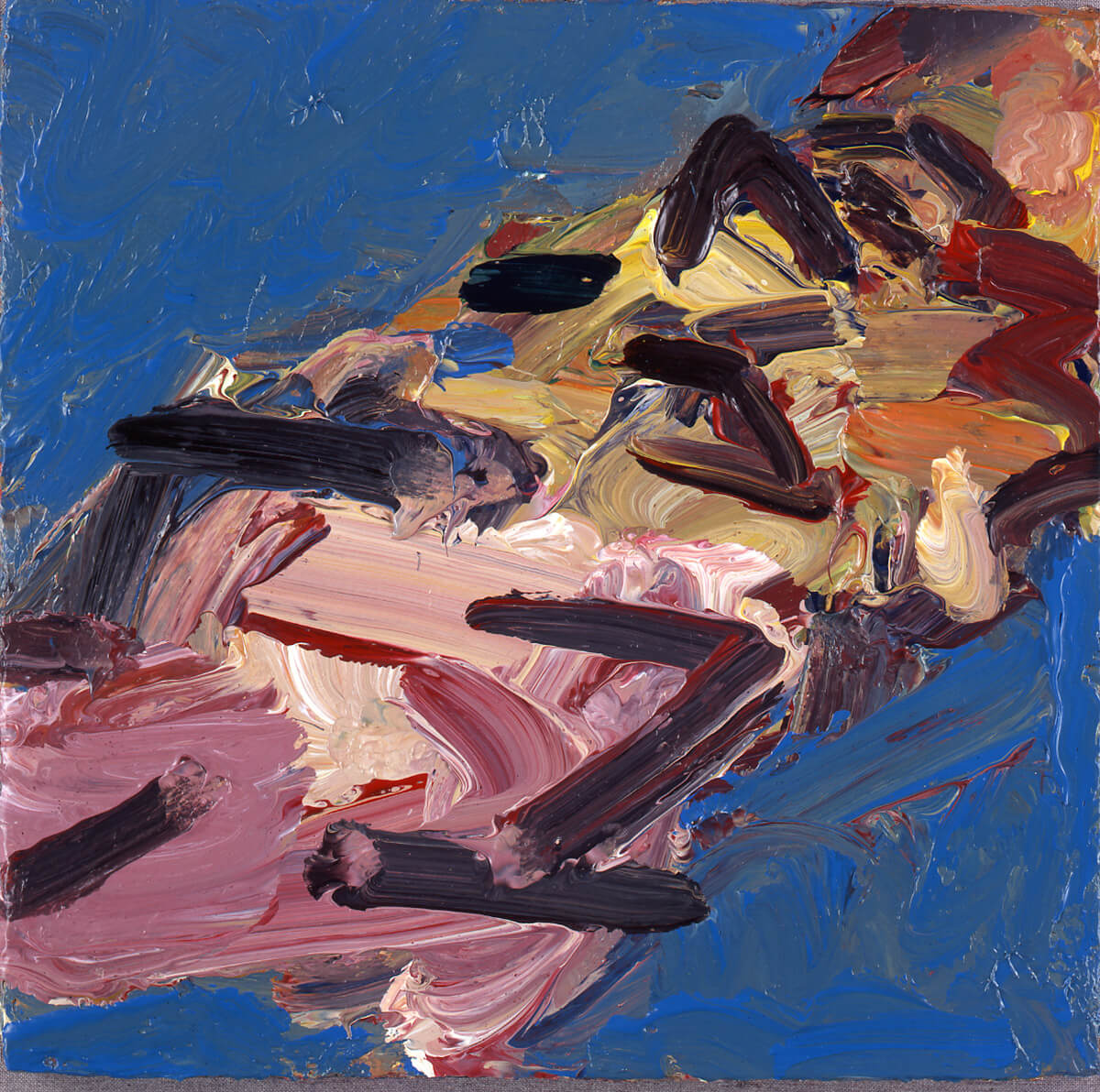 Frank Auerbach, <em>Reclining Head of Julia II</em>, 2000. Acrylic on board, 11 7/8 x 12¼ in. (30.2 x 31.1 cm). Private collection. © Frank Auerbach, courtesy Marlborough Fine Art.