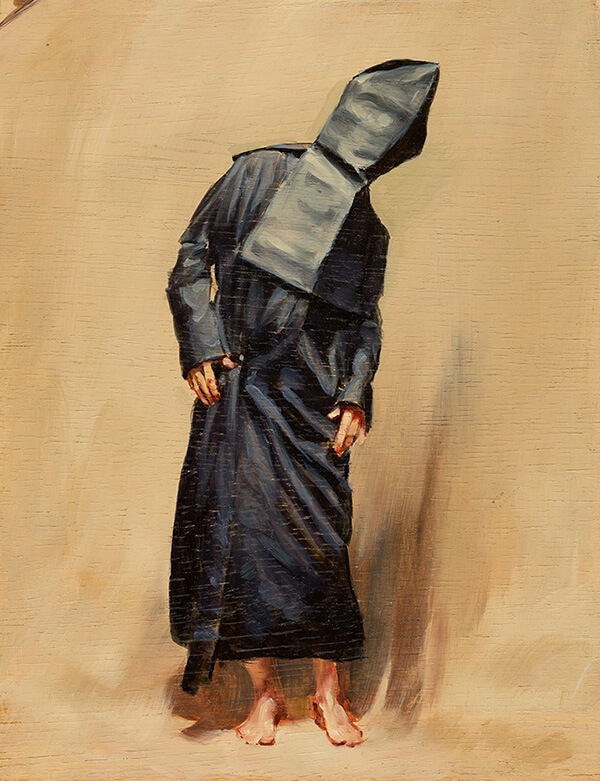 Michaël Borremans, <em>Black Mould / Pogo</em>, 2015. Oil on wood. 48.5 x 41.3 x 4.3 cm. Image courtesy of David Zwirner Gallery.